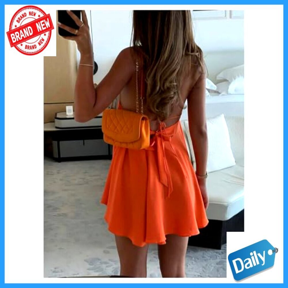 Women's Mini Halter Dress Backless Tie Knot Ruffle Hem Summer Beach Chic - Picture 5 of 5